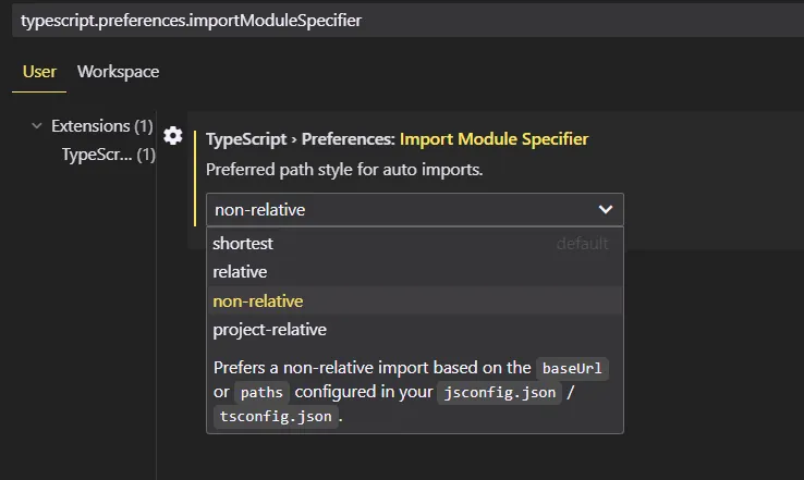 VSCode TypeScript Preferences Import Module Specifier